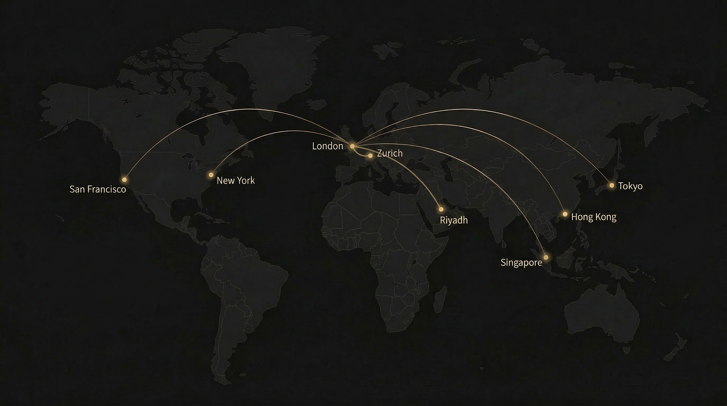 World map showing Mirai Capital Partners' global network spanning London, Zurich, New York, San Francisco, Riyadh, Singapore, Hong Kong, and Tokyo